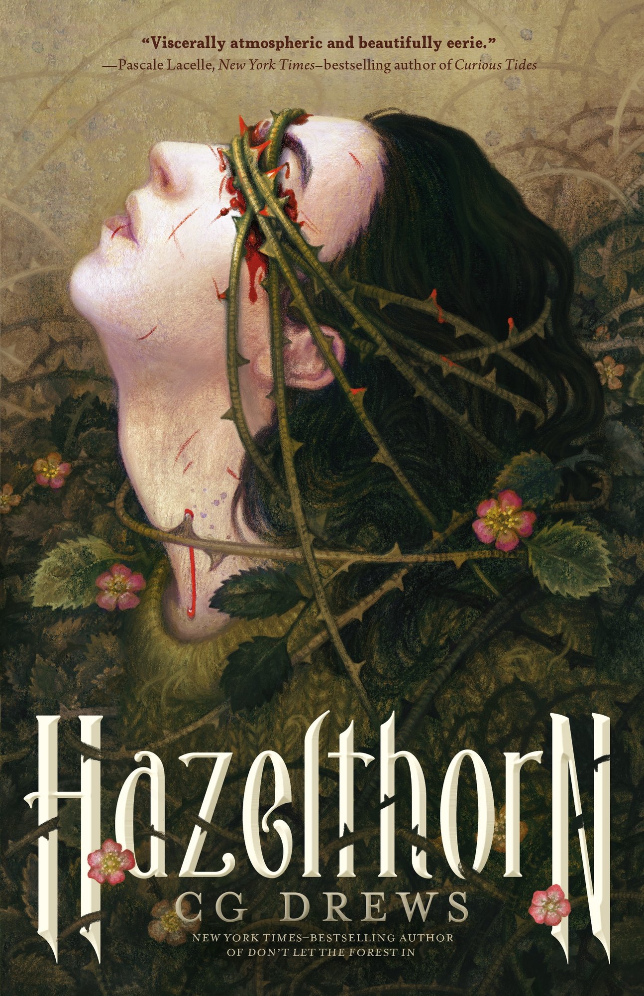 Book cover of Hazelthorn by C.G. Drews. There is a boy covered with thorns and bleeding on the cover.