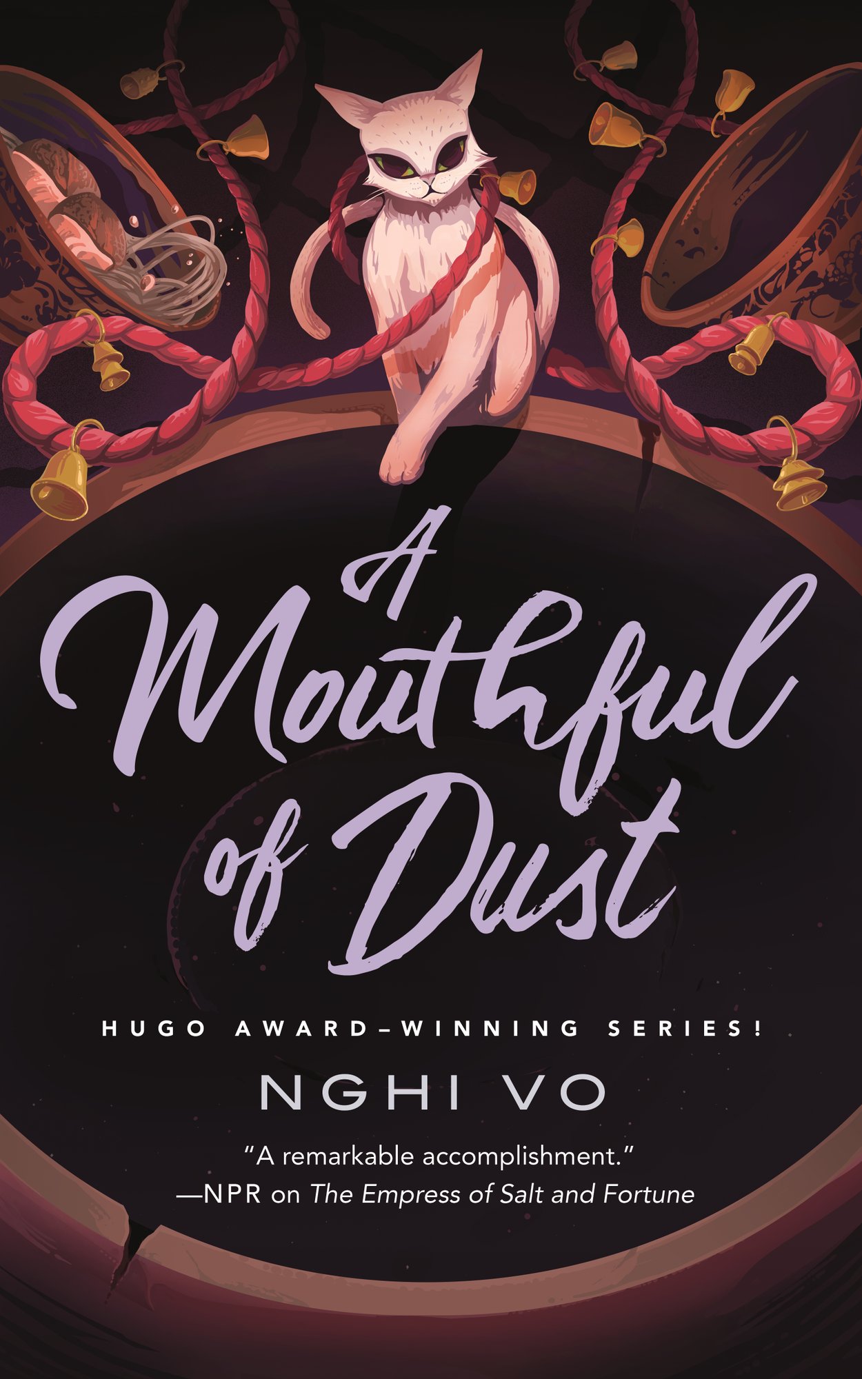 Book cover for A Mouthful of Dust by Nghi Vo. The cover depicts a pink cat encircled by a dark pink rope. The title is written in light purple cursive and is set on a black oval. The author's name is written in thin white text.