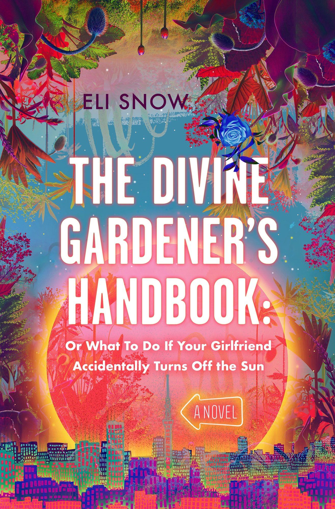 The Divine Gardener's Handbook: Or What to Do If Your Girlfriend Accidentally Turns Off the Sun by Eli Snow, a book cover depicting a colorful city scape at the bottom and foliage arounf the top and sides.