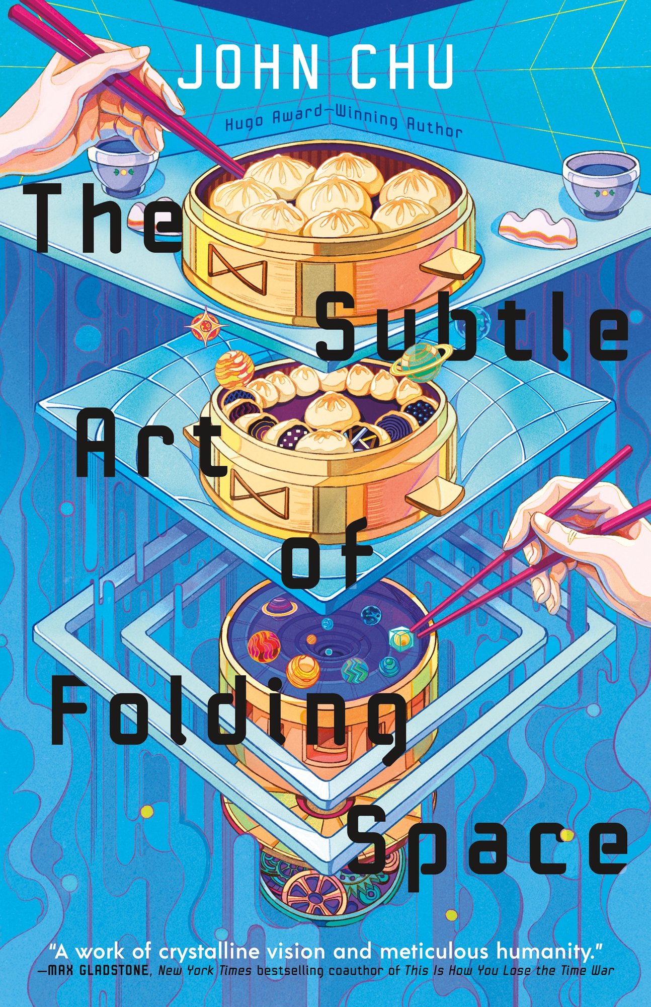 A pot of dumplings on top of two layers composing a mini solar system boxes in by two squares. There are hands holding chopsticks reaching for these layers. The title is in black and in the center. The author's name is in white.
