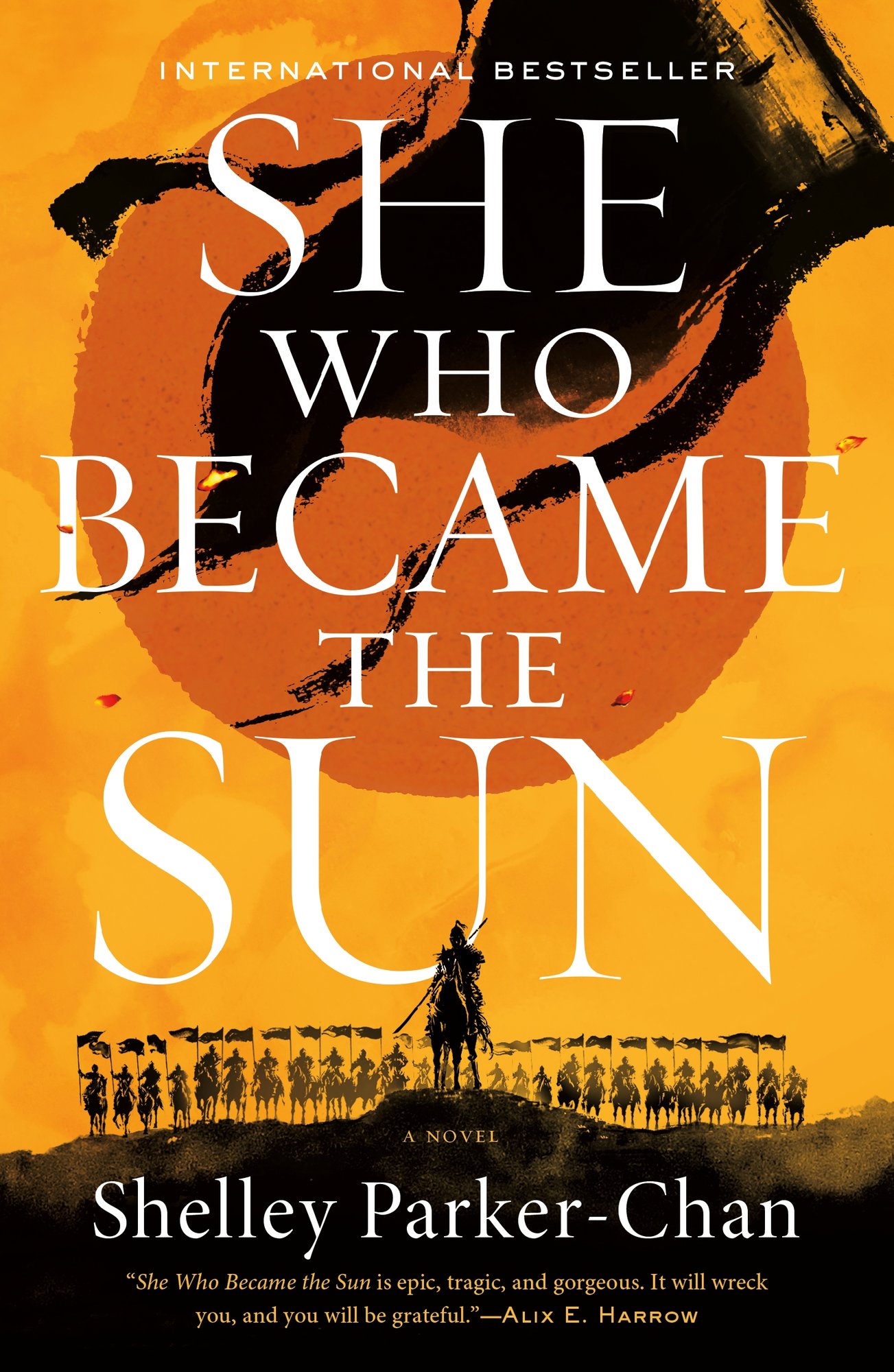 She Who Became the Sun by Shelley Parker-Chan book cover featuring a lone, robed figure on horseback stands against a backdrop of a orange sun and yellow background.