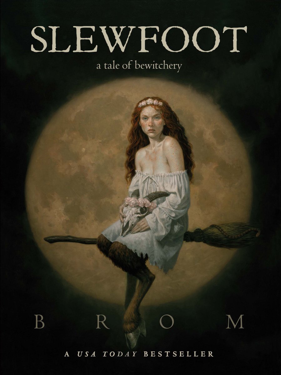 Girl on a broomstick in front of a full moon