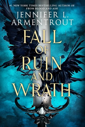 Book cover of "Fall of Ruin and Wrath" with a tall sword with dark blue birds in front on a bright blue smoky background.