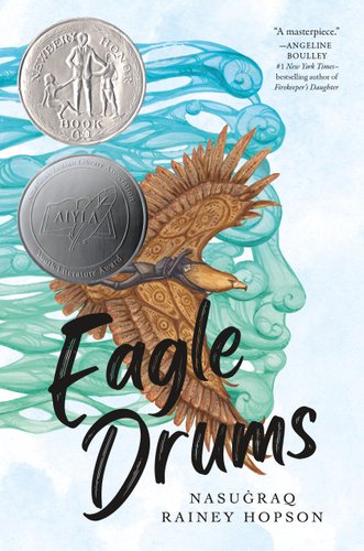 "Eagle Drums" by Nasuġraq Rainey Hopson's book cover of a big eagle carrying a boy on its back as a light-colored wind is shaped as a face.