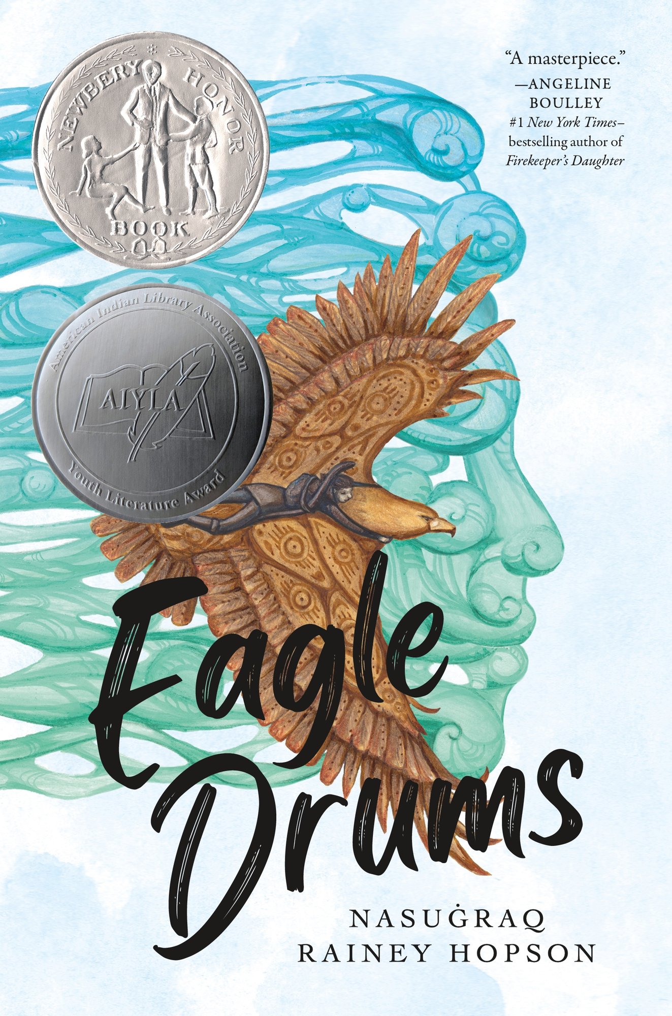 Eagle Drums by Nasugraq Rainey Hopson book cover features a stylized portrait of a young boy whose face is blended with elements of the natural world. Flowing from his head are wisps of wind and feathers. At the center of the composition is a powerful eagle in mid-flight, its wings spread wide.