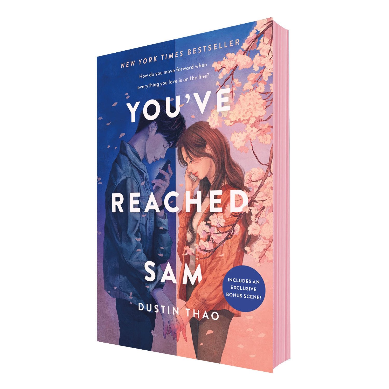 the cover of You've Reached Sam by Dustin Thao, featuring a drawing of a girl and a boy, on opposite sides of a vertically bisected cover, with the boy in night and the girl in daylight