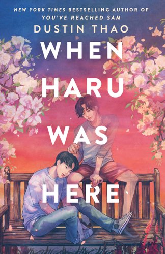 Two boys sit on a bench in front of a pink and purple sunset. They are surrounded by cherry blossoms. One boy seems to be fading at the edges.