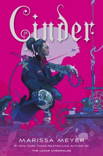 A pink and purple cyberpunk-style book cover for "Cinder" depicting a woman crouching among various machine parts and rubble.