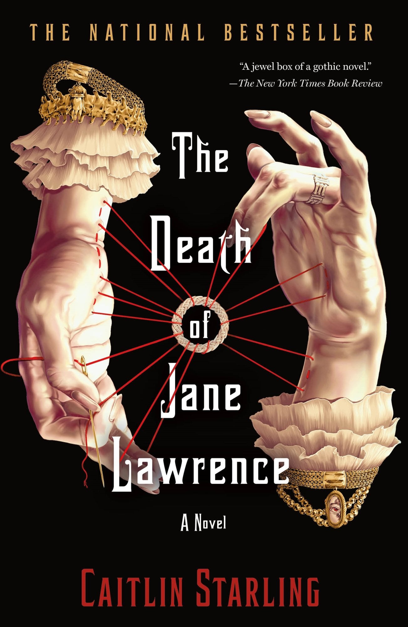 Cover of The Death of Jane Lawrence by Caitlin Starling. Black background with two hands on either side. The hands have red strings coming out of them all connected to a ring that is surrounding the "Of" in the title.