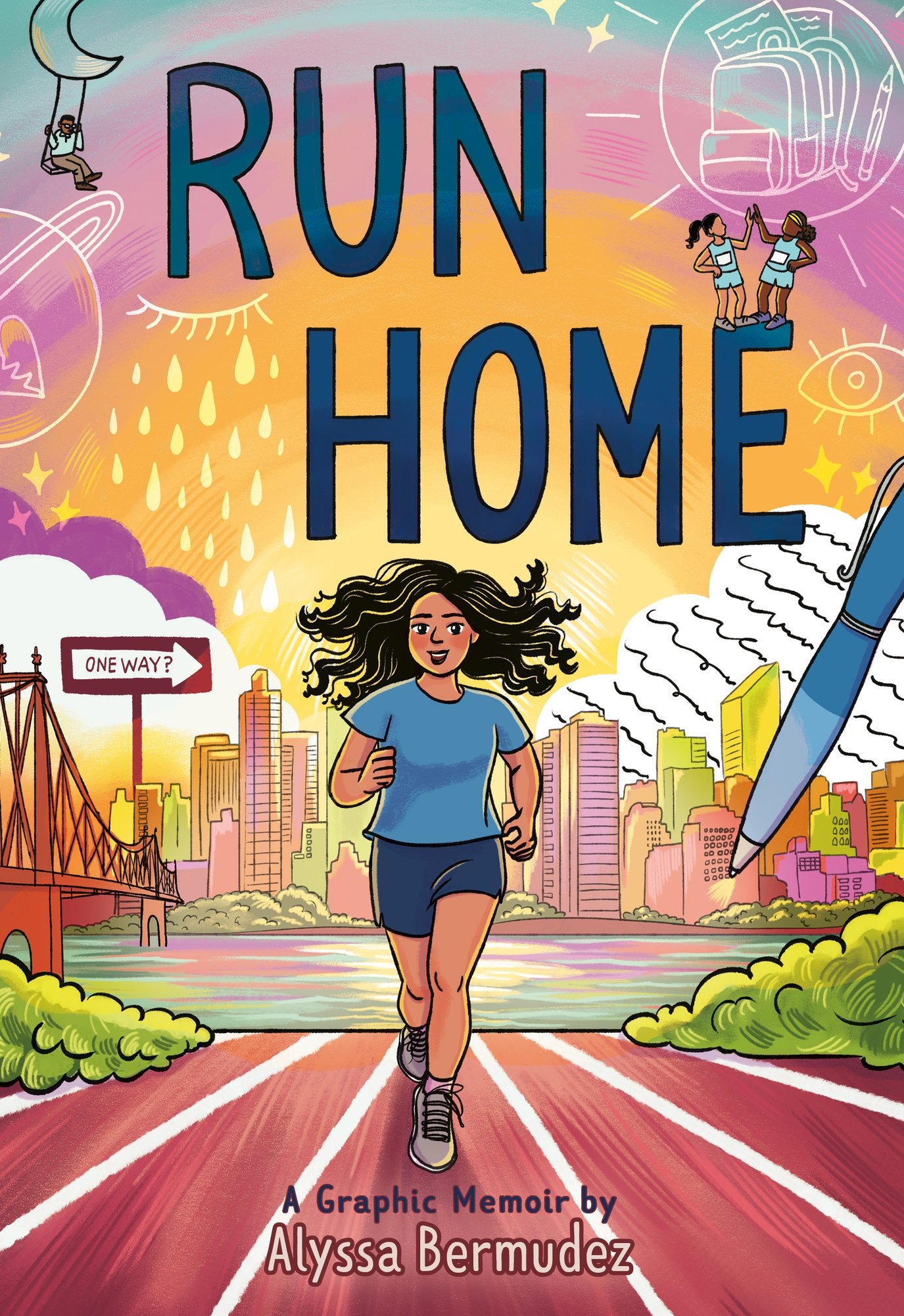 Book cover of Run Home by Alyssa Bermudez, featuring a tan-skinned youth with long, wavy dark hair running on a track with a cityscape in the background.