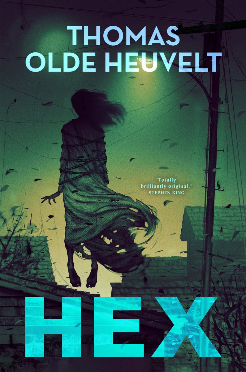 Woman levitating in the air tied up against a green yellow sky with a light post and houses in the background.