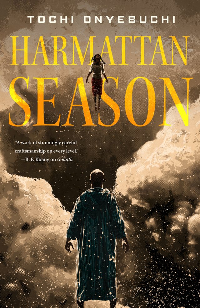 The cover of Harmattan Season, a noir fantasy novel, features a man with his back turned looking up at a floating feminine figure around a dusty desert