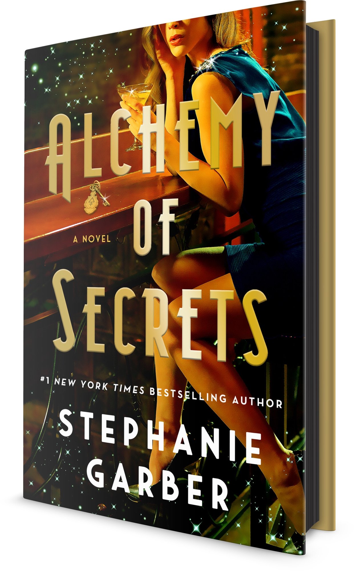Alchemy of Secrets by Stephanie Garber. Girl sitting at a bar facing the audience with a cocktail with the top half of her face cropped out. Sparkles fill the background around her.