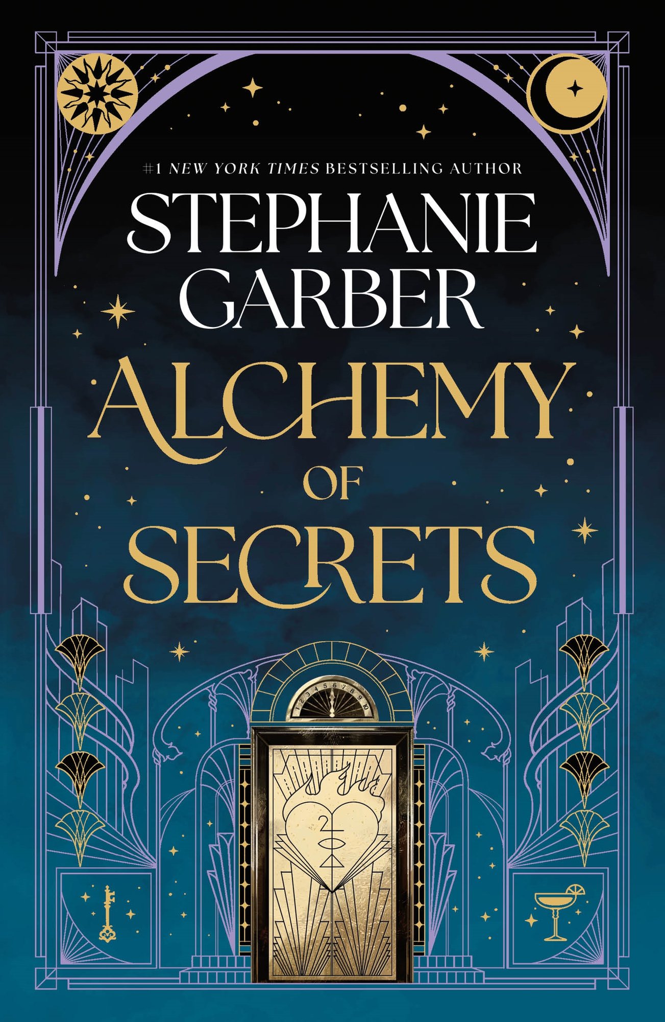 Book cover for Alchemy of Secrets by Stephanie Garber. The cover depicts a blonde haired white young woman wearing a blue dress sitting at the bar and holding a cocktail. The title is in gold, mystical font and the author's name is in white.