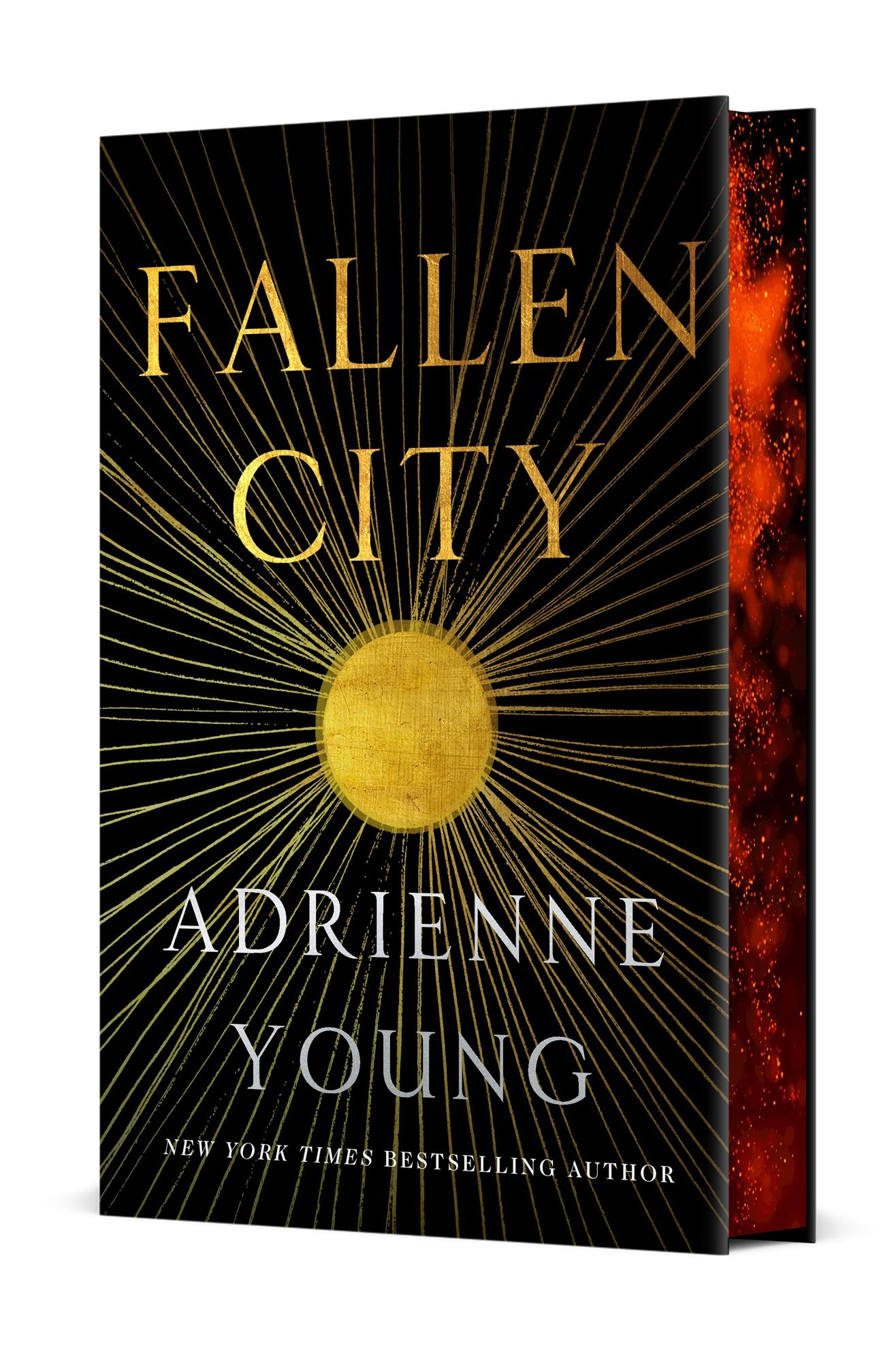 A cover of Fallen City by Adrienne Young. The cover is black with a yellow sun in the middle. The edges are are sprayed with what looks like a red galaxy.