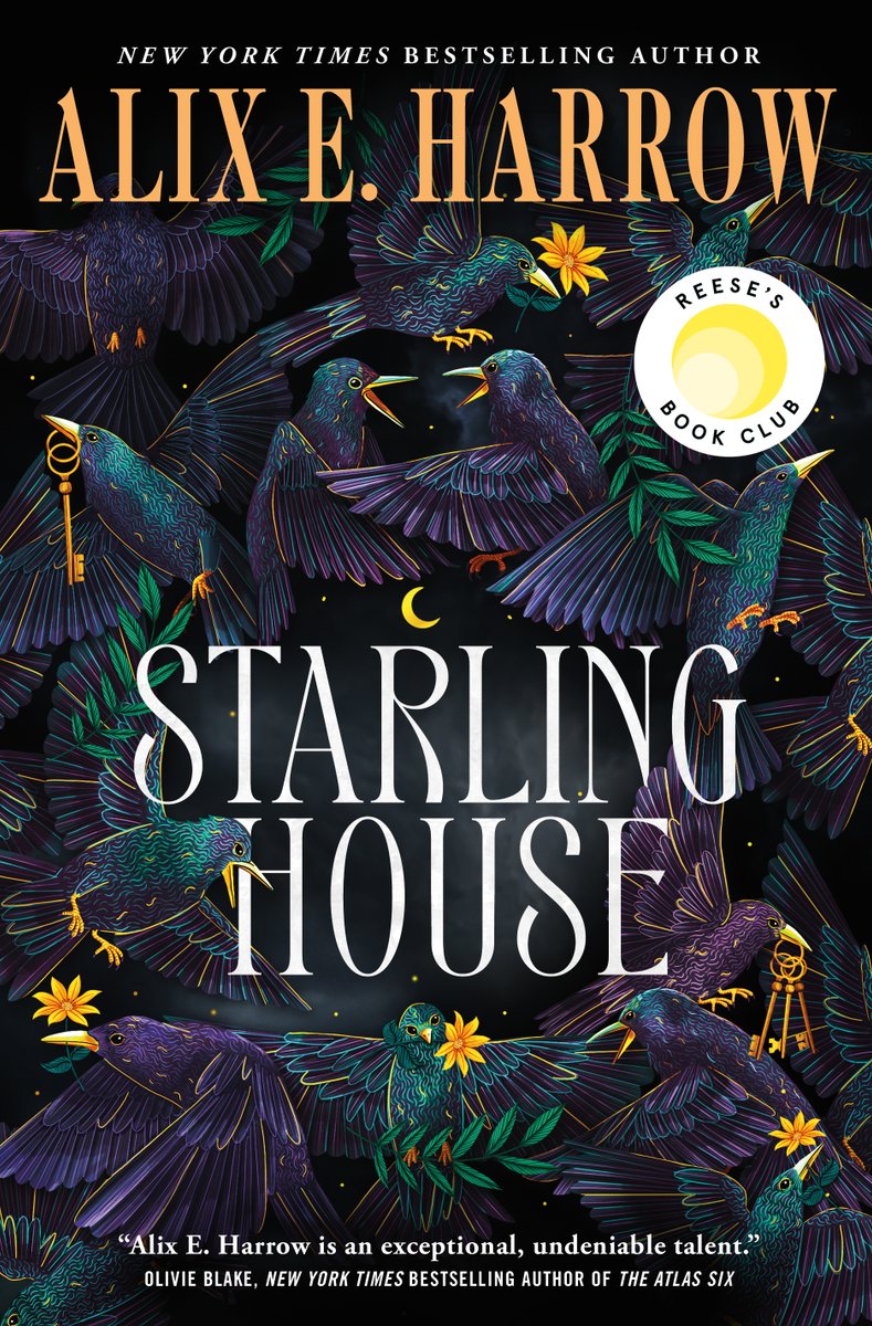 Starling House cover by Alix E. Harrow. Blue birds holding gold keys in front of a night sky.