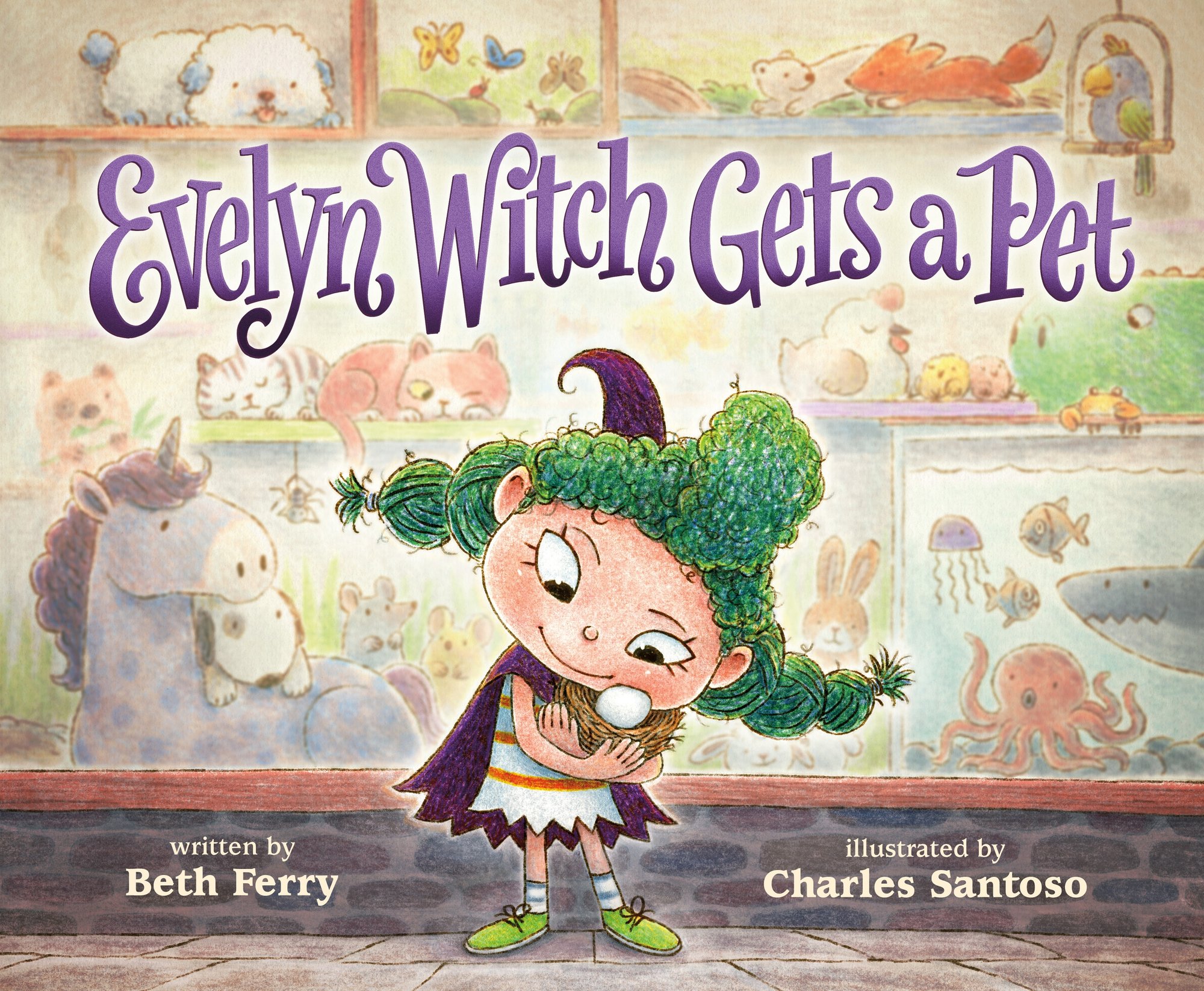 Book cover of Evelyn Witch Gets a Pet by Beth Ferry, Illustrated by Charles Santoso, featuring a light-skinned child with curly green hair in bubble braids, wearing a witch's hat and cape, and cuddling a white egg in a nest of twigs; behind the witch, animals of all types star through a pet shop window.