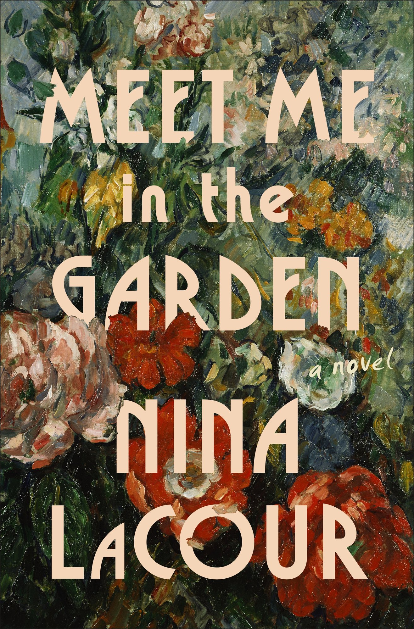 A painting of a garden with the title and author's name on the foreground. The title and author's name are in a pale pink.