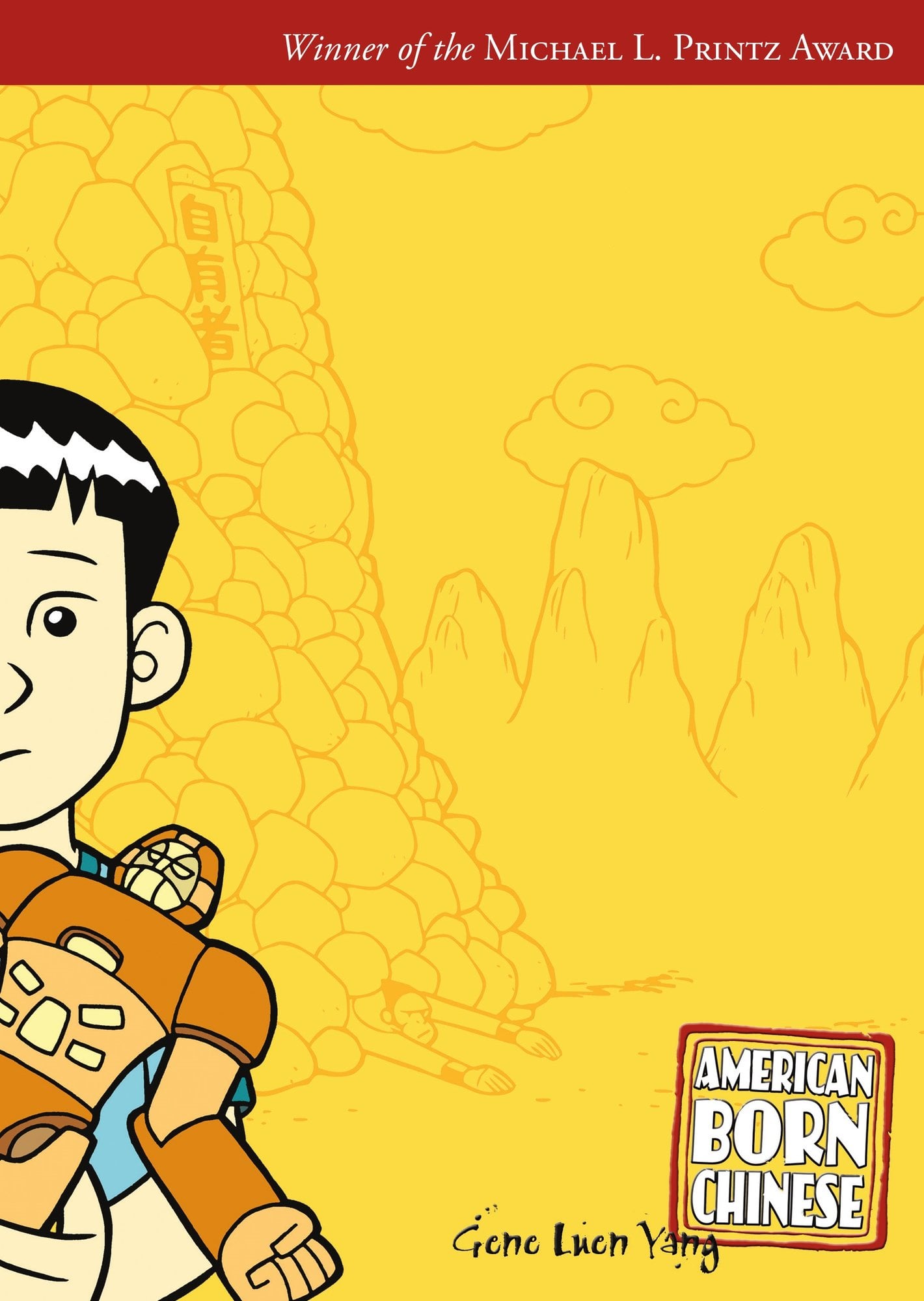 The cover of American Born Chinese, a graphic novel, depicts a yellow background decorated with mountains. On the left hand side is a half profile of a young Asian boy carrying a robot toy.