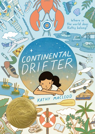 Book cover of Continental Drifter by Kathy MacLeod, featuring a tan-skinned child with dark dtraight hair resting their chin on folded arms; surrounding them are various objects such as seagulls, kayak paddles, and a lobster.