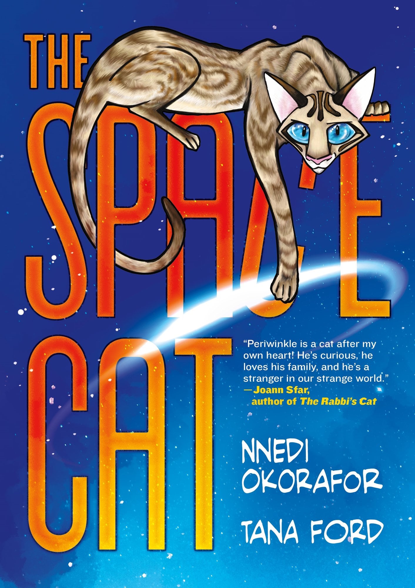 Book cover of The Space Cat by Nnedi Okorafor, Illustrated by Tana Ford, featuring a slender beige cat with brown stripes lounging over the title against a starry sky.