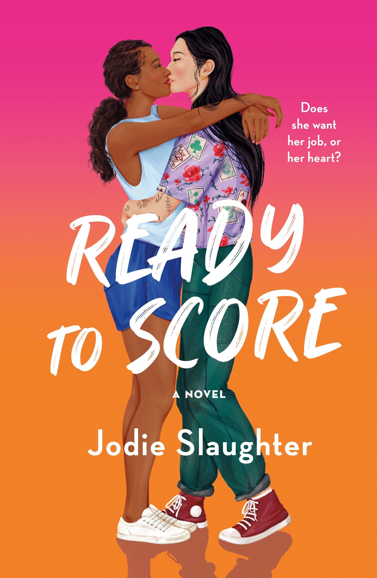 The cover of Ready to Score, a sapphic sports romance, depicts an illustration of a Black woman on the left and a black-haired woman on the right embracing and kissing against a pink and orange background.