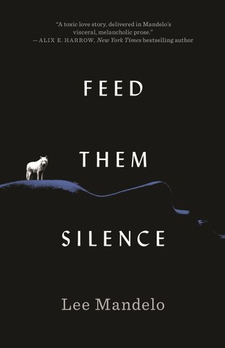 the cover is all black apart from a small white wolf in the middle of the left side. It is standing on the blue outline of a hilly landscape. In the middle in bold white letter is the title: "Feed them silence"
