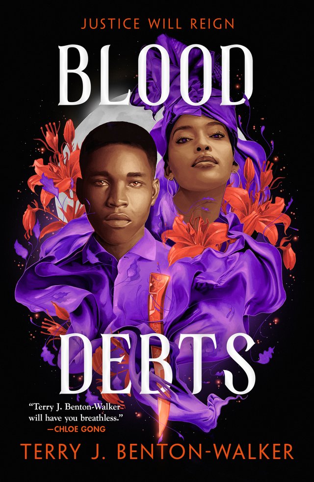 Blood Debts by Terry J. Benton-Walker, book cover. Black background with two people in the center, a man and a woman. Both figures have dark skin tones and are wearing all purple attire, with the woman wearing a purple head scarf. Bright red flowers surround them and a full moon is placed right behind them.