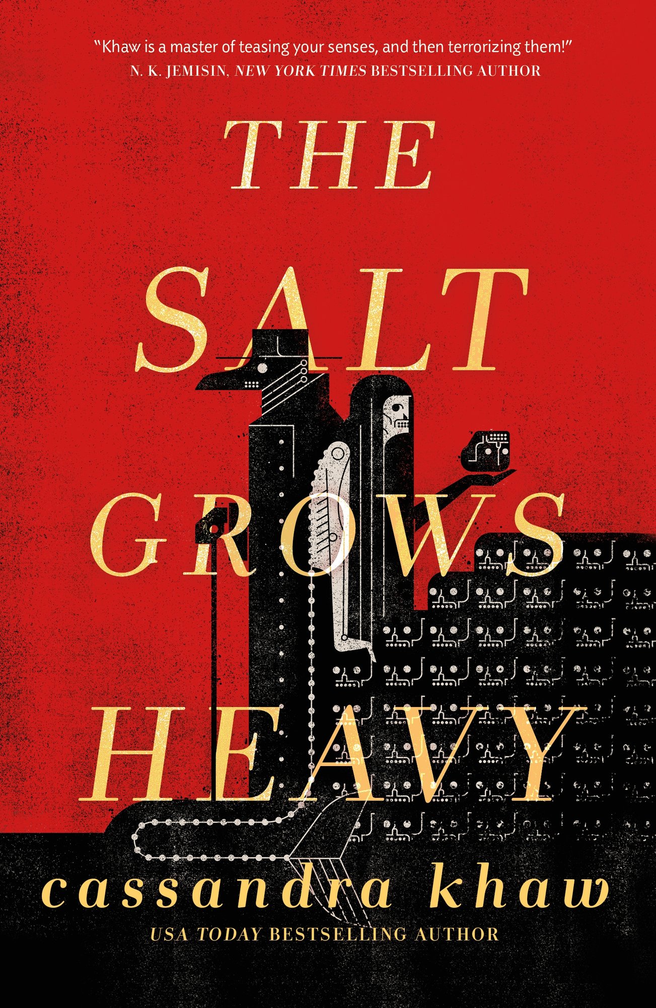 The Salt Grows Heavy by Cassandra Khaw's book cover depicts the art of two characters in black and white in front of a red background.