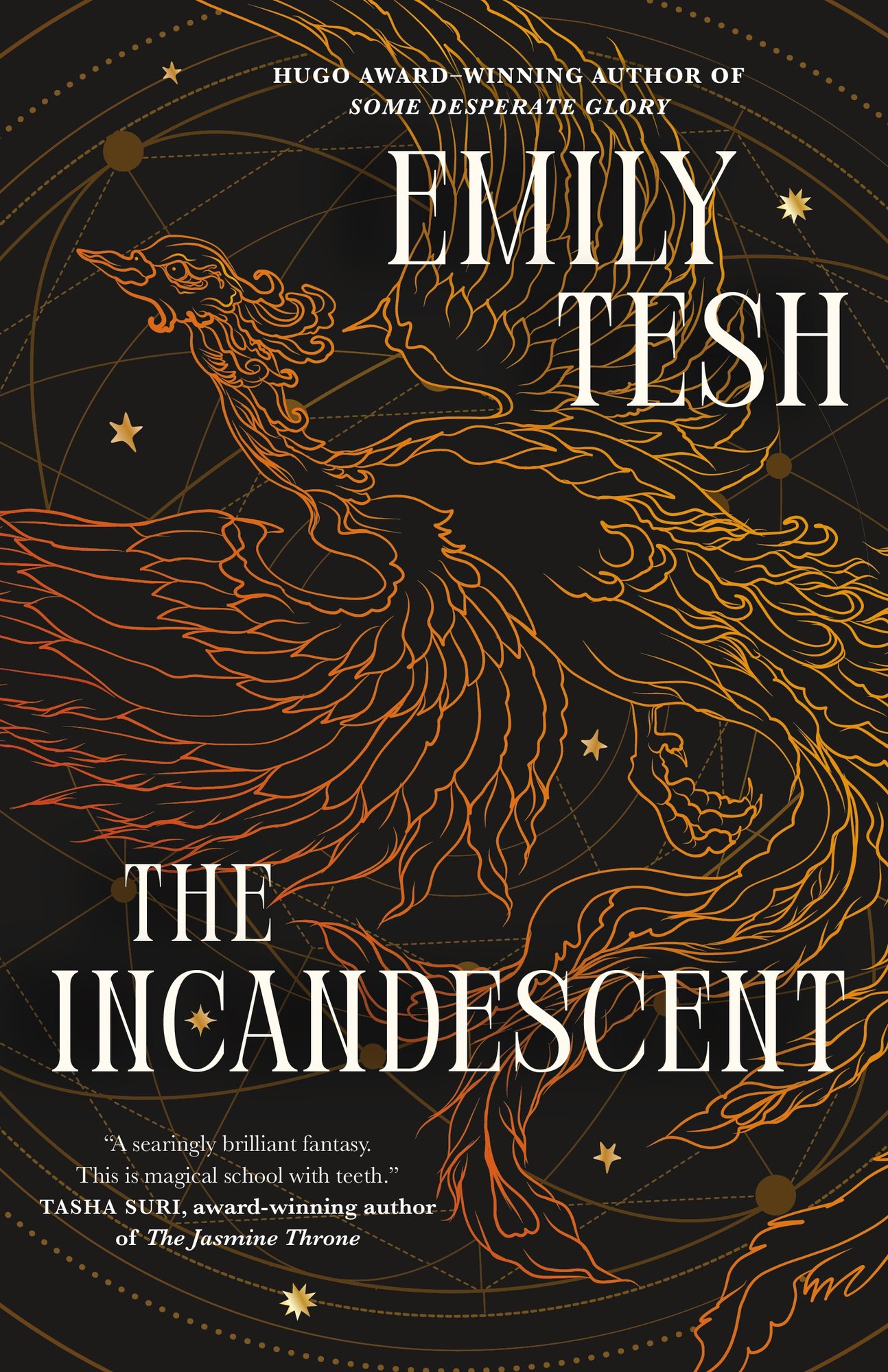 The Incandescent by Emily Tesh book cover featuring an orange phoenix drawn against a black background with lines and tiny gold stars.