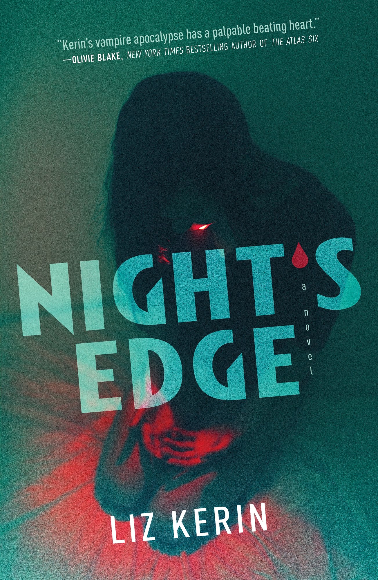 Book cover for horror novel Night's Edge by Liz Kerin. Cover depicts a girl kneeling with red light on her hands. The title is in blue with the apostrophe as a drop of blood.
