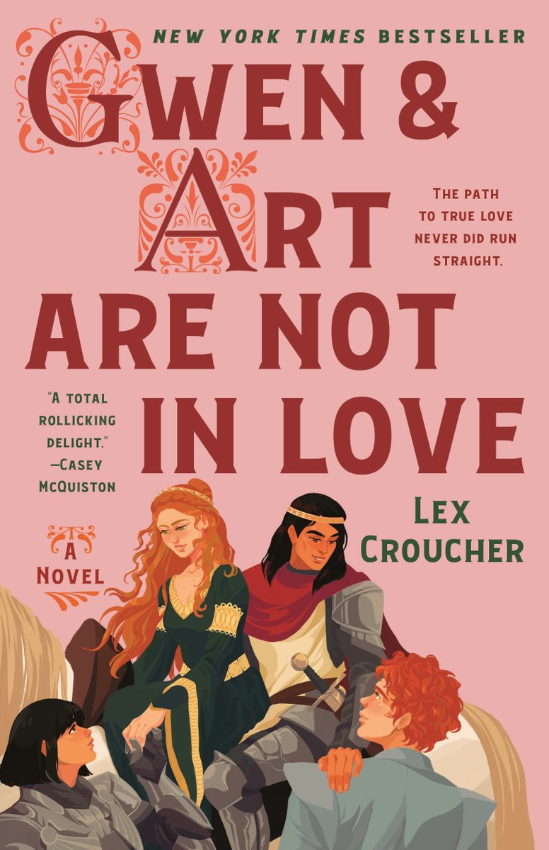Pink book cover of Gwen & Art Are Not in Love by Lex Croucher depicting the main characters on a horse gazing at their respective love interests, who are looking up at them from the bottom.