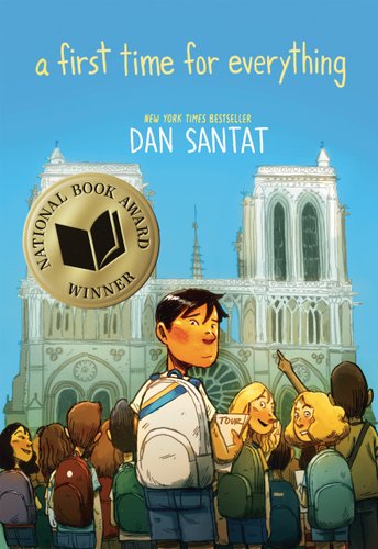 A First Time for Everything by Dan Santat, book cover. A building resembling the Piazza di Spagna is crowded around by many tourists wearing backpacks. A young boy in the center, also wearing a backpack, faces away from the building, looking behind with an anxious expression as he holds his paper for a tour.