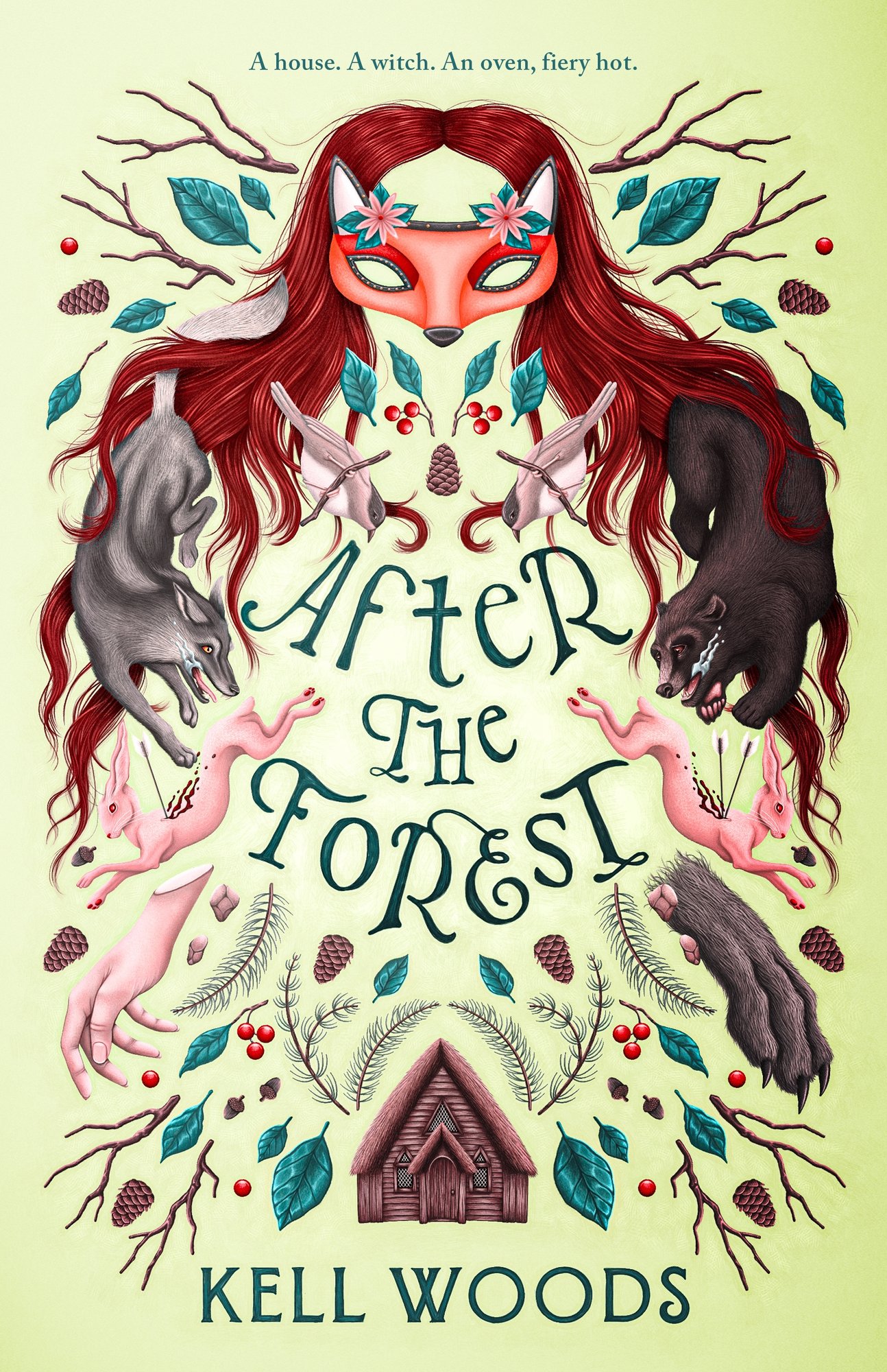 After the Forest by Kell Woods cozy fantasy book cover depicting a yellow background with images of red hair behind a fox mask, a wolf, a bear, a pair of hares, a human hand, a wolf hand, and a cottage surrounding the centered title.