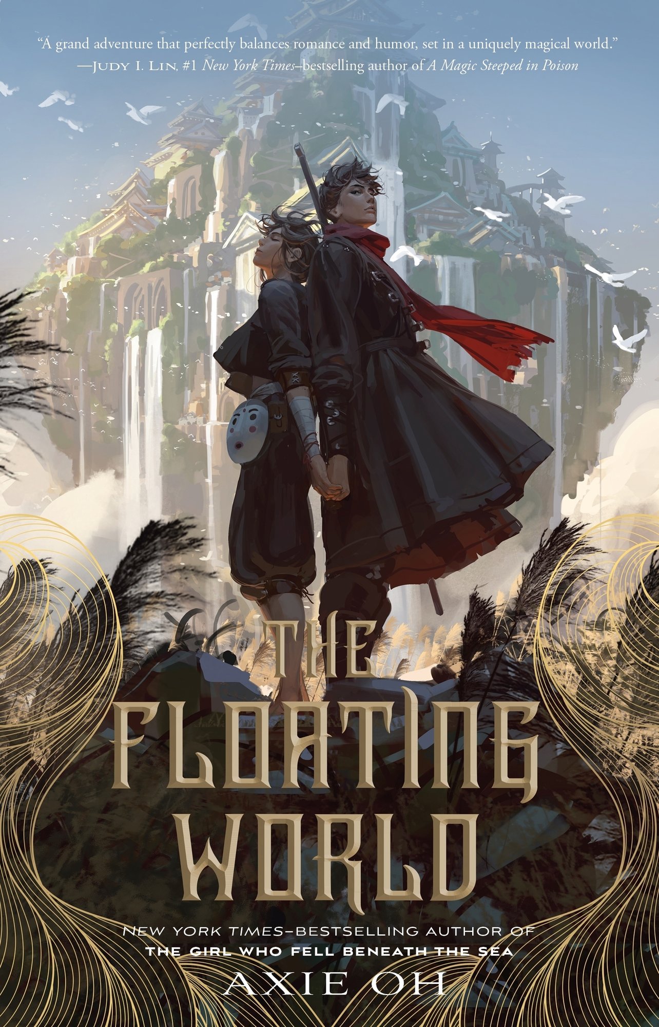 The Floating World by Axie Oh. The book cover depicts a boy and girl standing back to back in front of large waterfall mountain