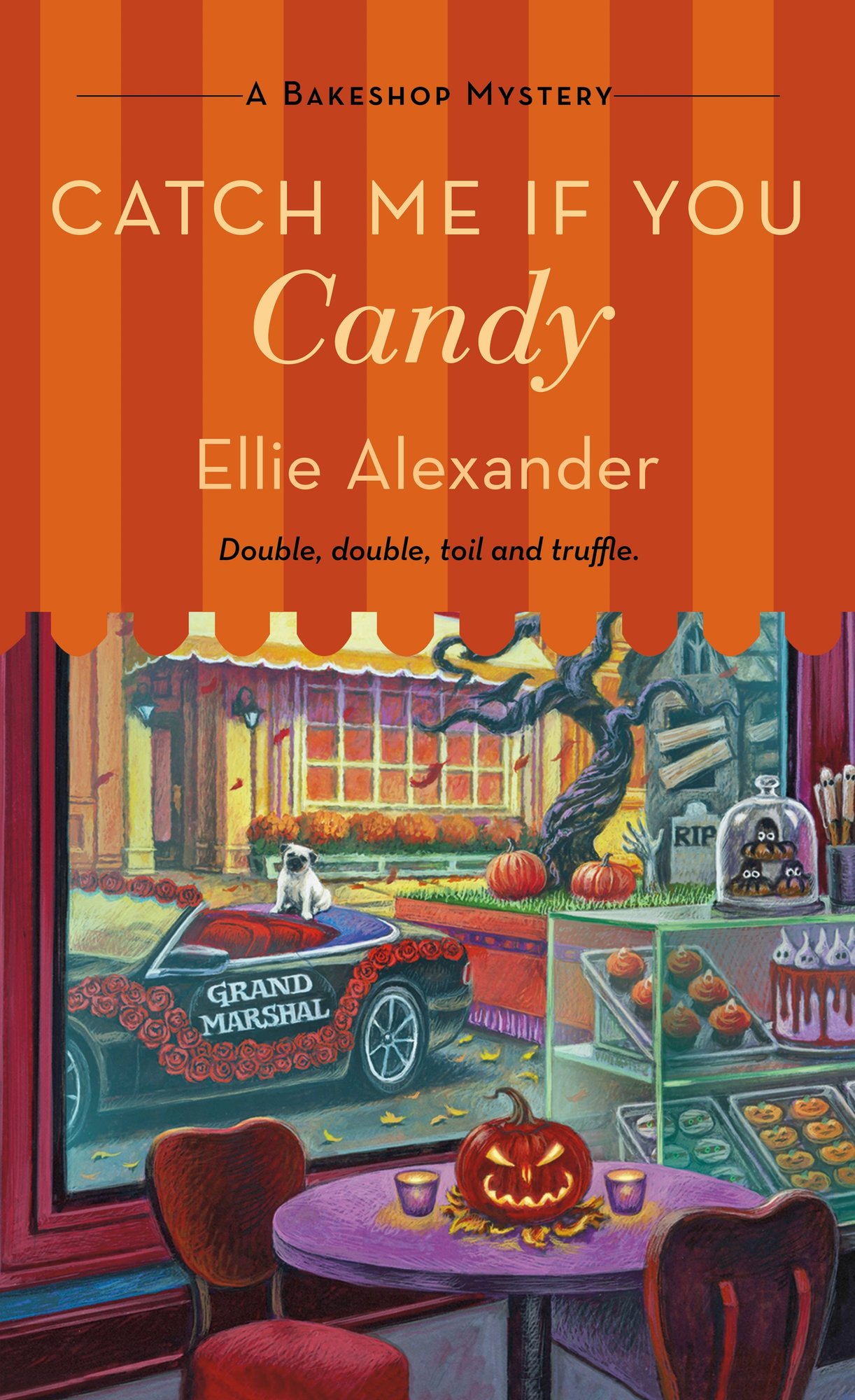 Catch Me If You Candy by Ellie Alexander, a fiction book cover displaying an autumnal bakery scene with Halloween decorations, a slice of cake, and colorful candy.