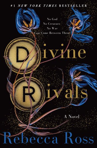 The cover of Divine Rivals by Rebecca Ross. The background is black. The D and R in the title appear like the keys on a typewriter. There are speckles of gold, and blue flowers curling throughout the cover.