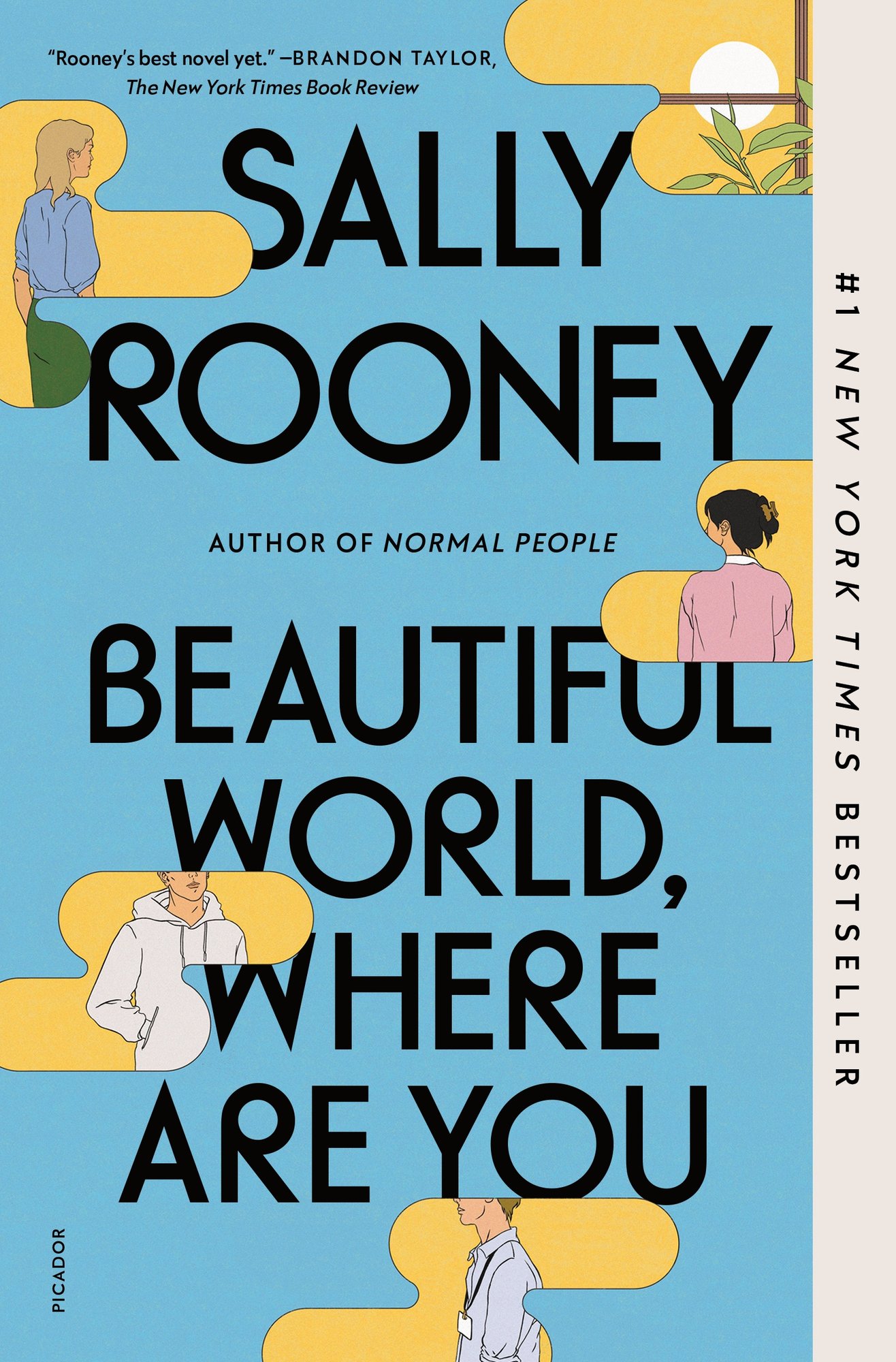Beautiful World, Where Are You by Sally Rooney book cover. Blue with drawings of faceless people in yellow squiggles.