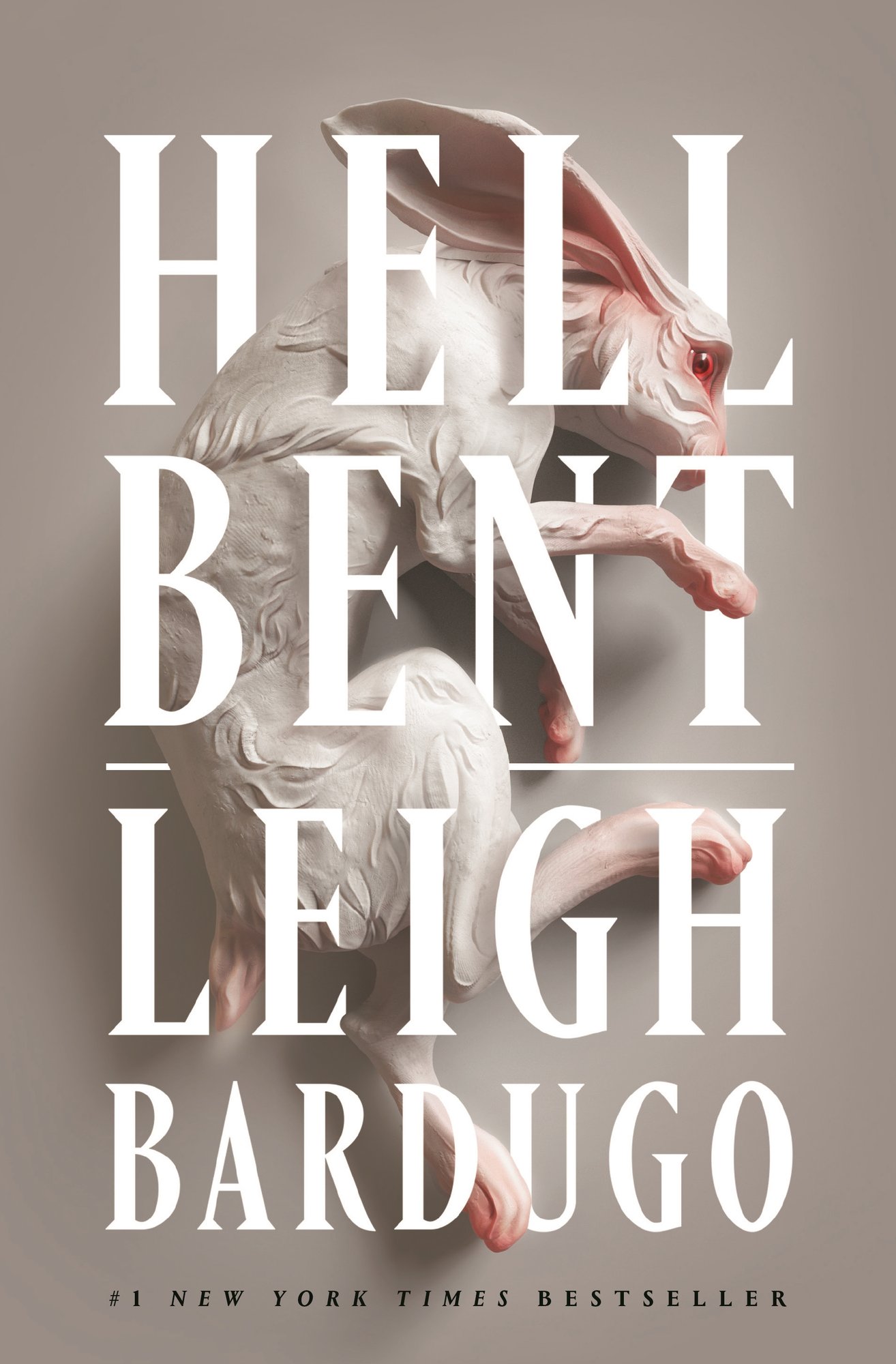 the cover of Hell Bent by Leigh Bardugo, with a digital drawing of a rabbit with red eyes on a white background