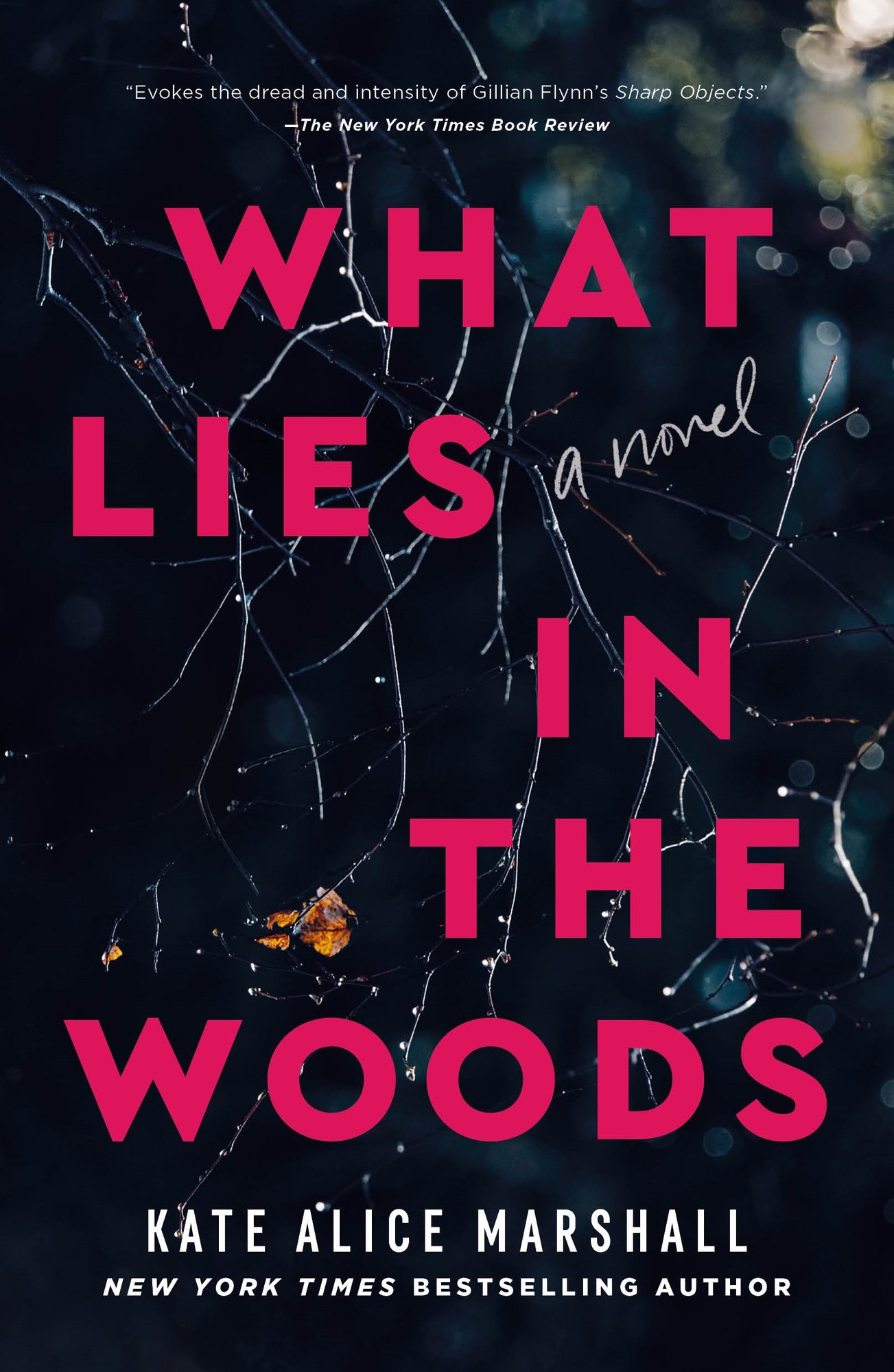A book cover of What Lies in the Woods by Katie Alice Marshall. The book cover is a blurred forest backdrop with the title in bright pink.