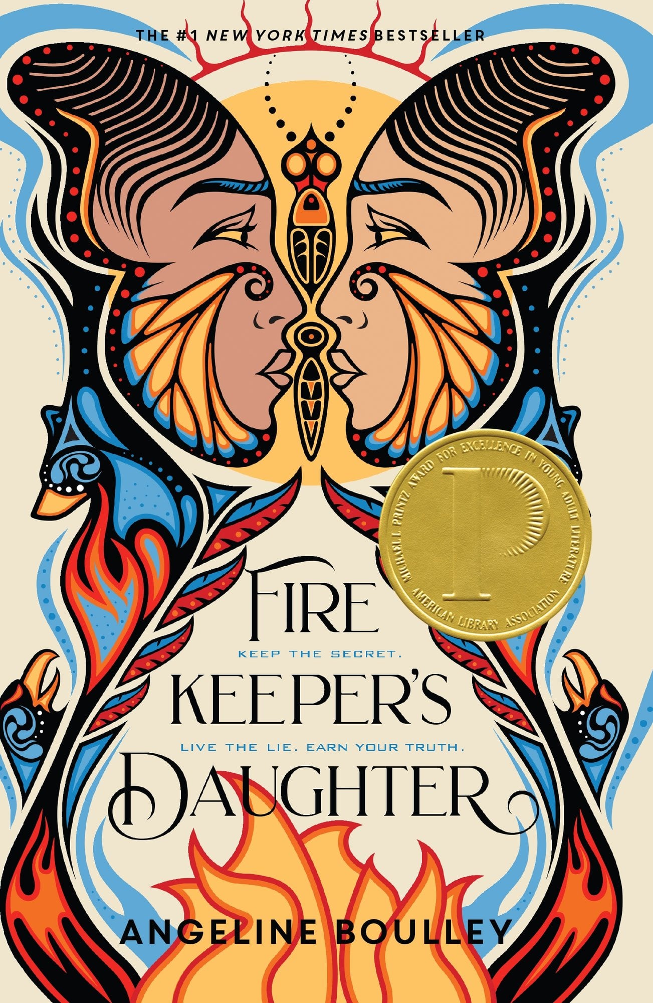The Firekeeper's Daughter by Angeline Boulley, book cover with two illustrated faces opposite each other and intricate orange, blue and black flame details around the title.
