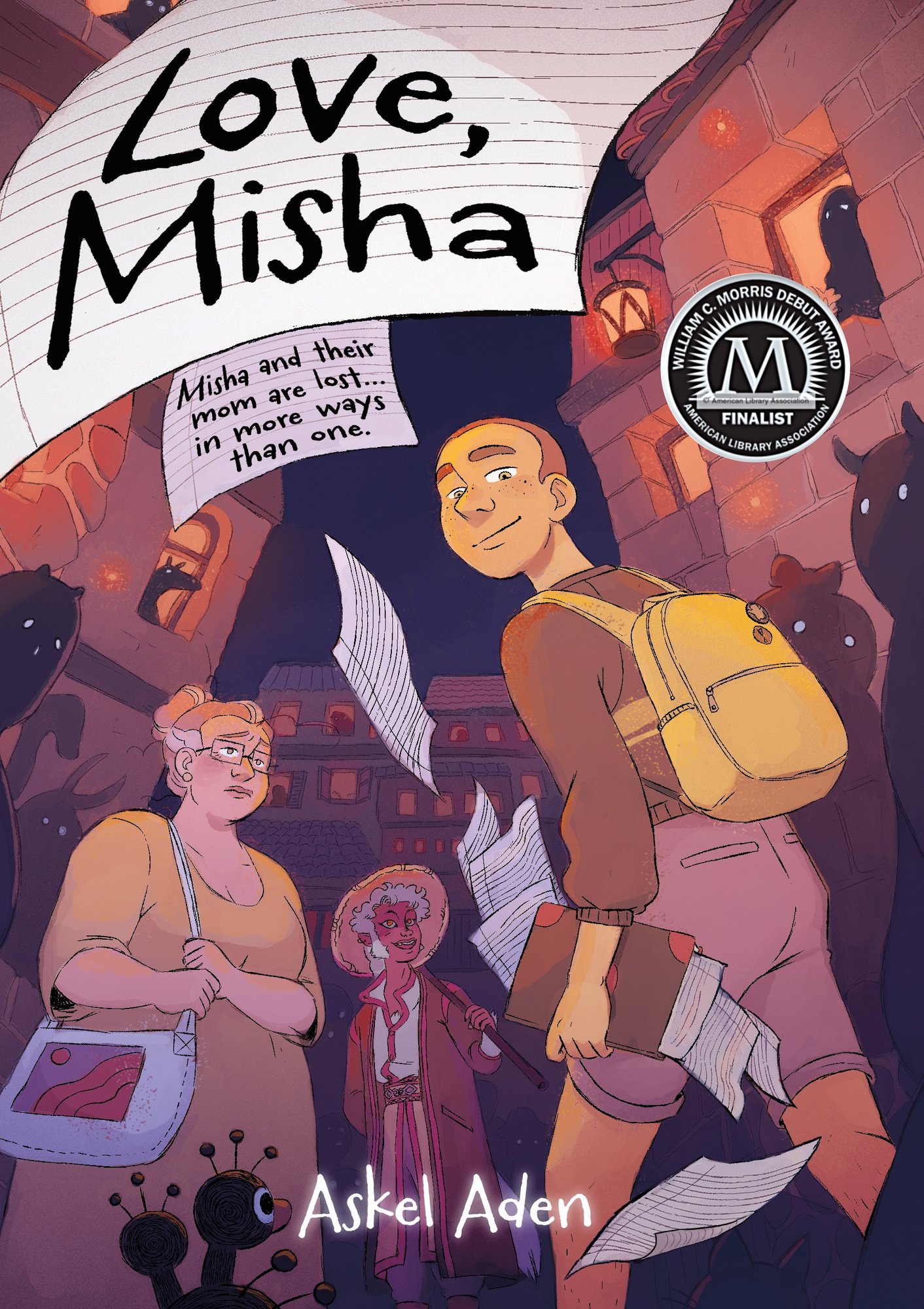The book cover for Love, Misha. A young person with a shaved head, brown sweater, purple shorts, and yellow backpack holds a journal spilling its notebook paper and looks over their shoulder. Beside them is a blonde woman in a yellow dress clutching their white shoulder bag and looking nervous. In the distance is a third figure wearing a straw hat and brown jacket. Around them are tall stone buildings full of black spirit figures.