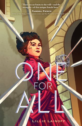 One for All by Lillie Lainoff book cover. A smirking white woman wearing a red dress, with her brown hair in an updo, holds out a fencer's sword. She is surrounded by blades.