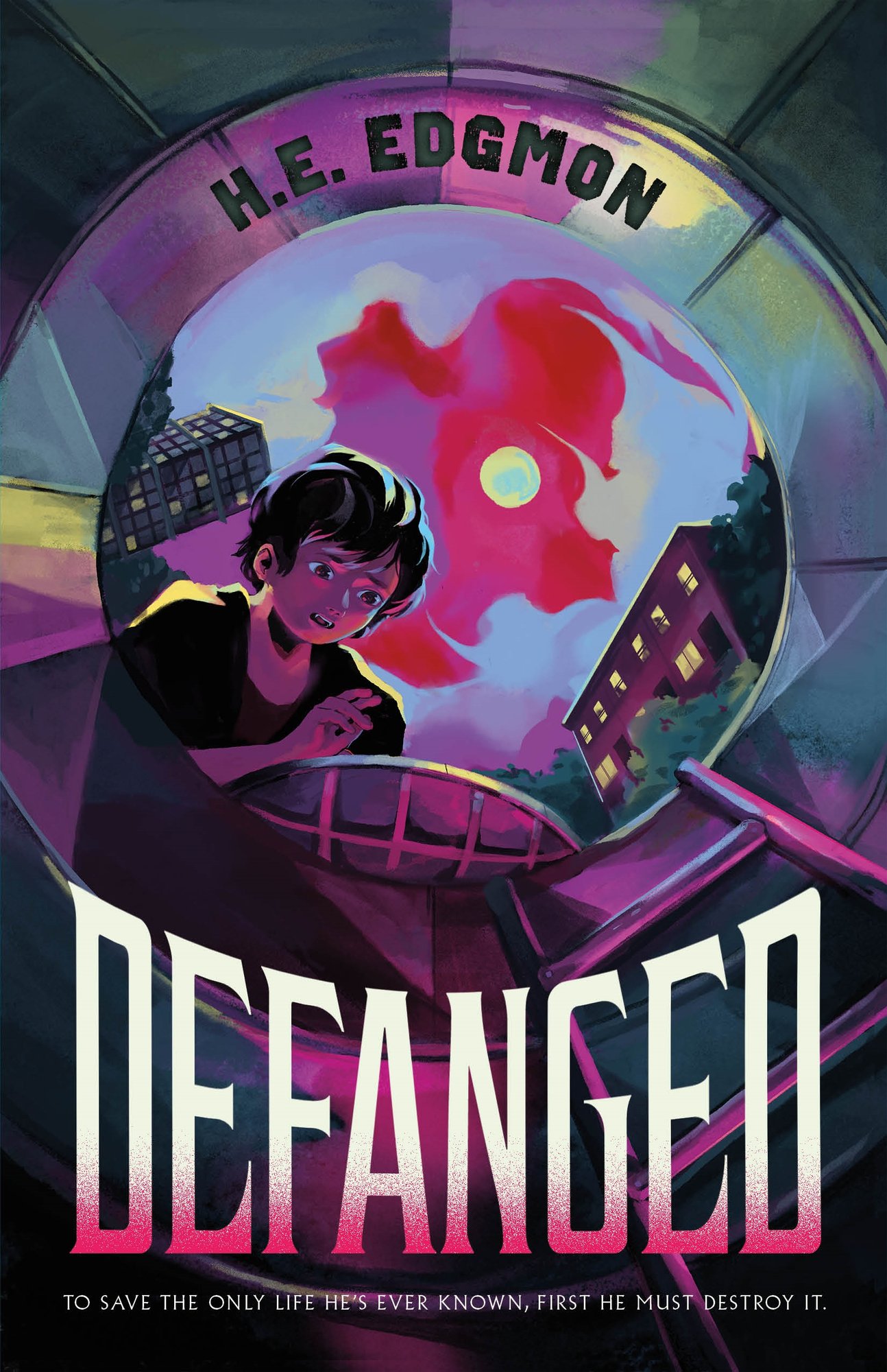 Book cover of Defanged by H.E. Edgmon, featuring a light-skinned youth with short, straight dark hair, viewed from below as they pull open a manhole cover and peer inside. Overhead looms a full moon against a red, misty sky.