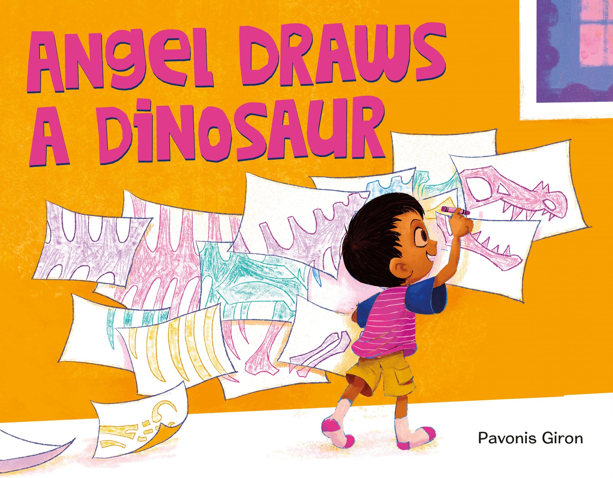 Book cover of Angel Draws a Dinosaur by Pavonis Giron, featuring a brown-skinned child with short, straight dark hair drawing on a collection of papers stuck to a wall, which together form the drawing of a dinosaur skeleton.