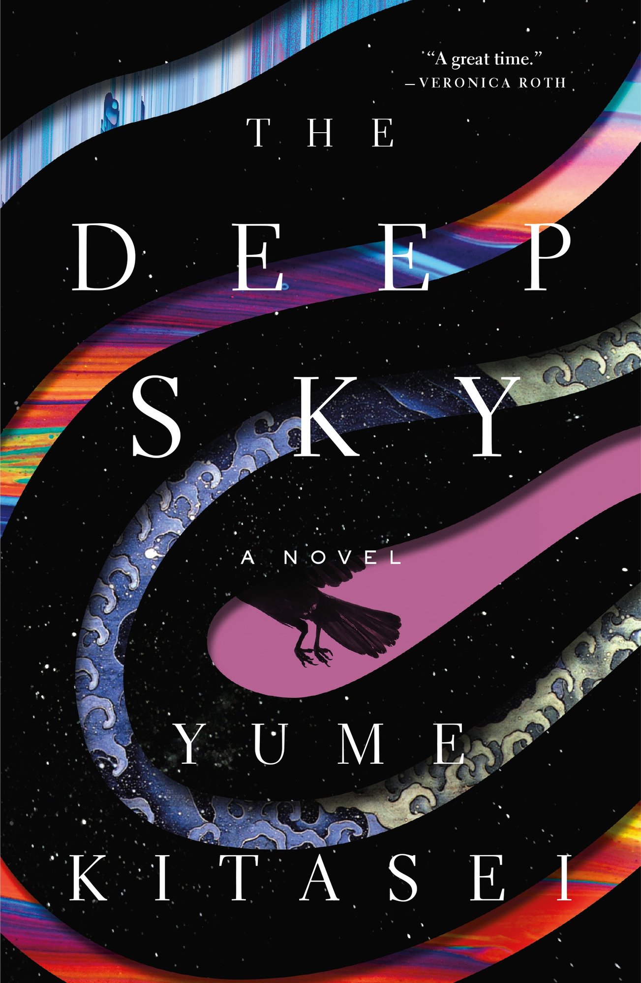 The cover of The Deep Sky, a sci-fi novel, features a dark interstellar background with tiny white stars and a snaking pattern with multiple curves and colorul motifs inside.