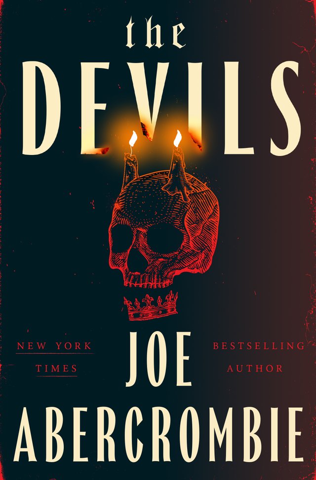 The cover of The Devils, a dark fantasy novel, features a red skull with the bottom part of the jaw made from a crown and two burning candles at the top that look like devil horns