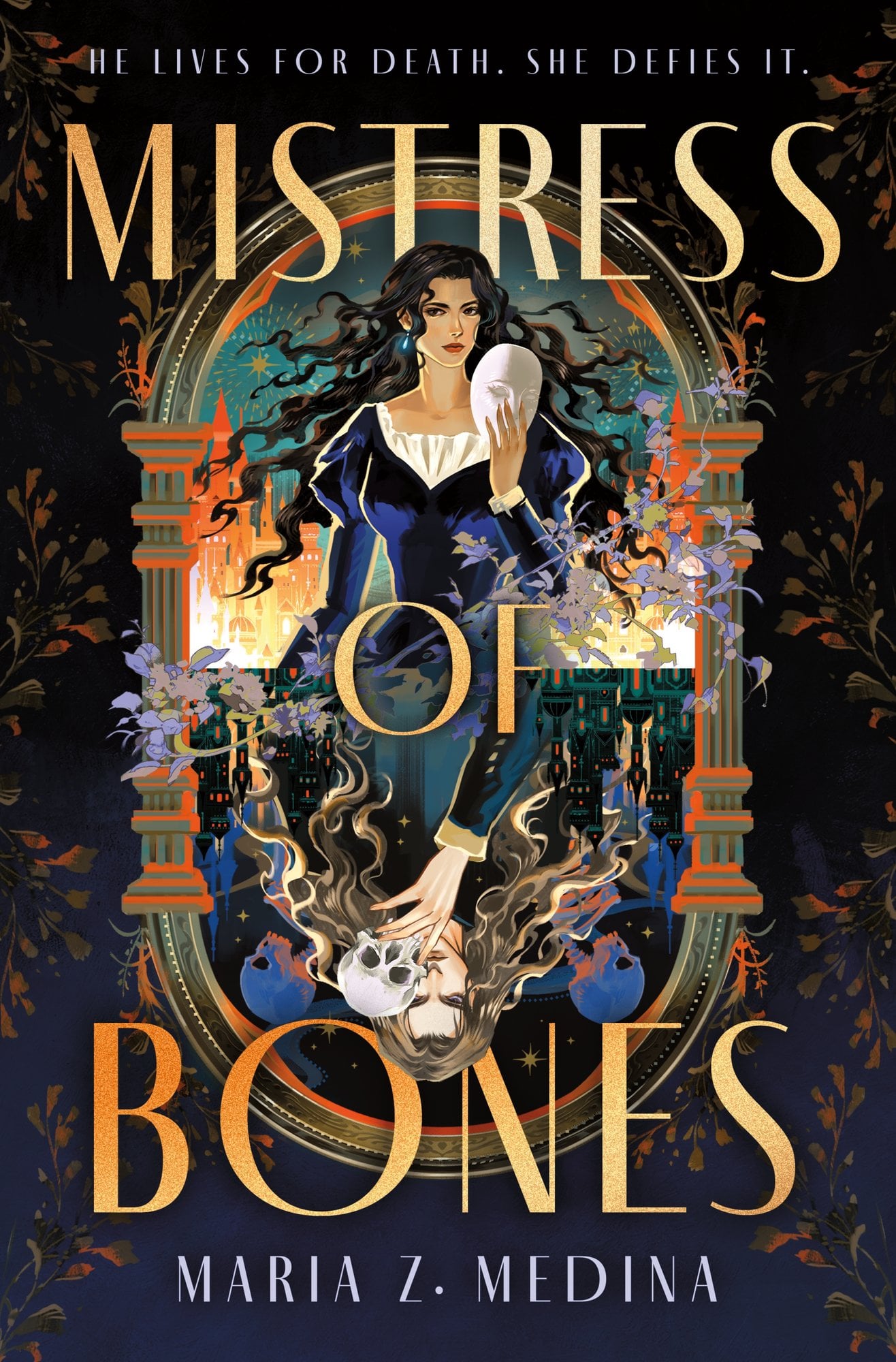 Book cover for fantasy novel "Mistress of Bones" by Maria Z Medina. Cover depicts a woman in a blue dress holding a mask. As the woman is displayed on the upper part of the cover, a reflection of a man with long, curly blonde hair is shown underneath her, upside-down.