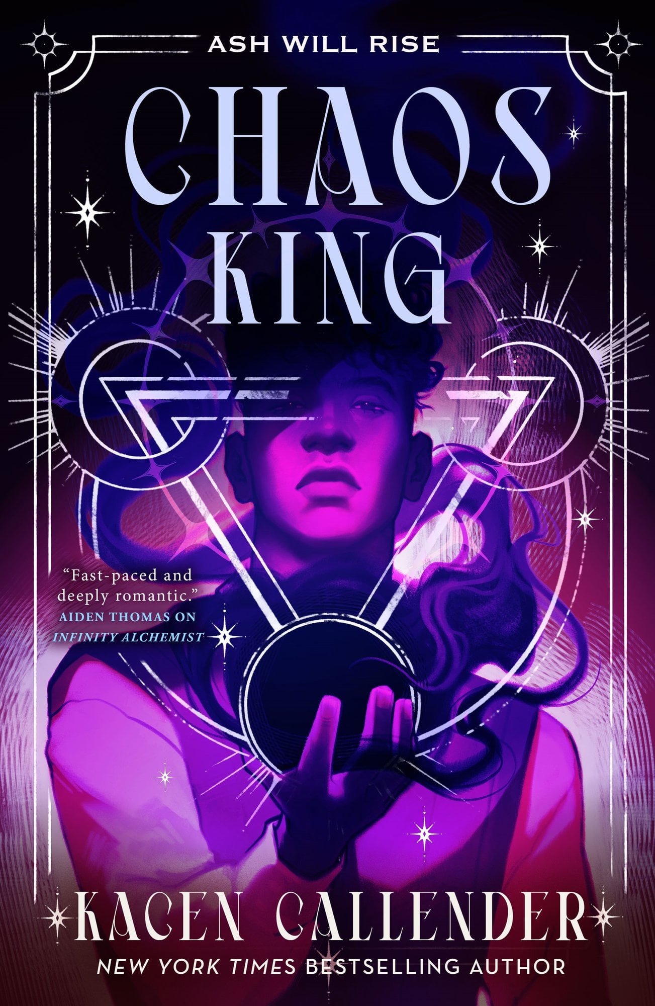 Chaos King by Kacen Callender dark academia book cover depicting a man shrouded in darkness, holding an orb that radiates white light, transforming into a triangle with two more circles at each point.