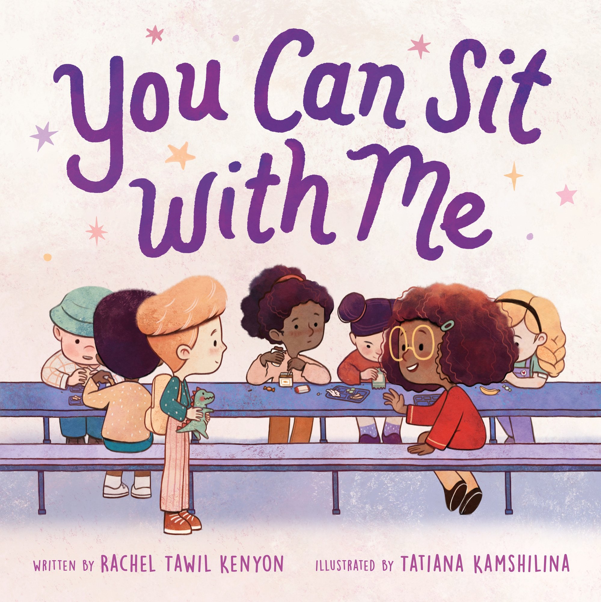 Book cover of You Can Sit with Me by Rachel Tawil Kenyon, Illustrated by Tatiana Kamshilina, featuring asmiling brown-skinned child with shoulder-length, coily brown hair and wearing glasses waving to a light-skinned child with short blond hair while seated at a school lunch table.